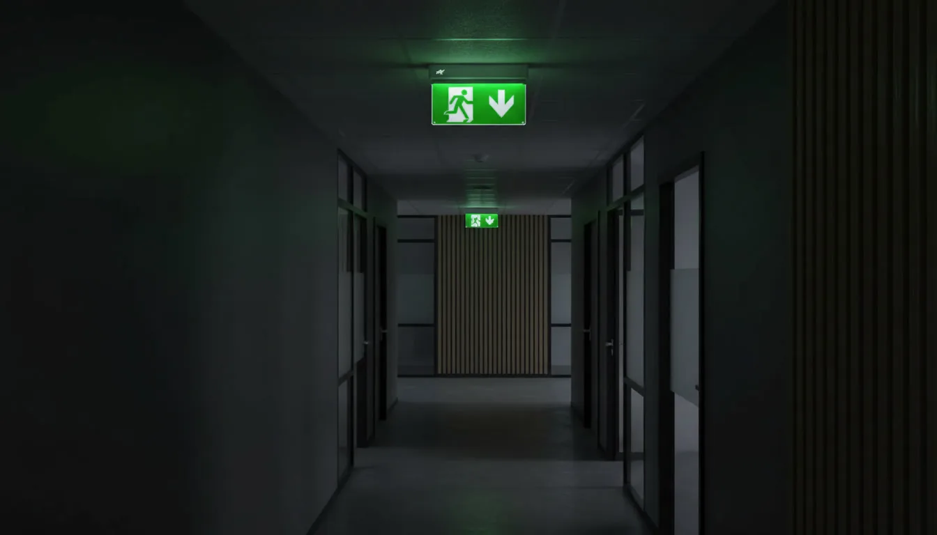 Emergency exit sign and emergency luminaire on a commercial escape route