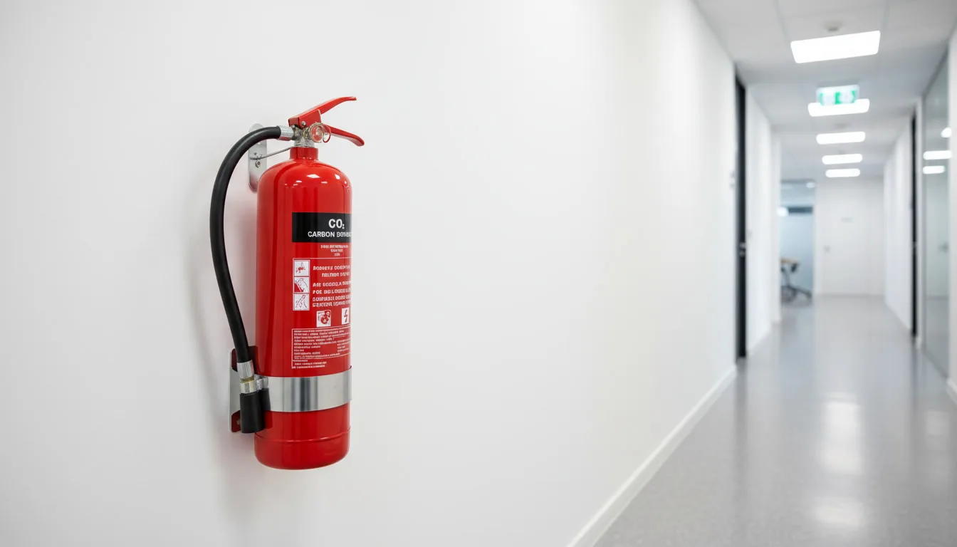 Serviced commercial fire extinguishers mounted on a wall bracket