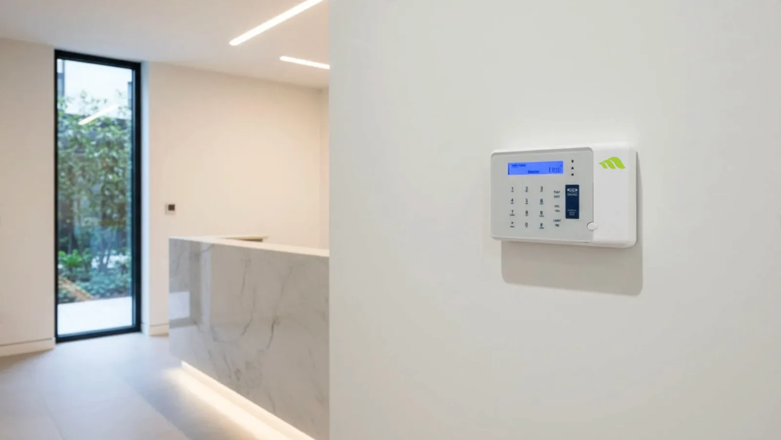 Commercial intruder alarm keypad beside a business entrance door